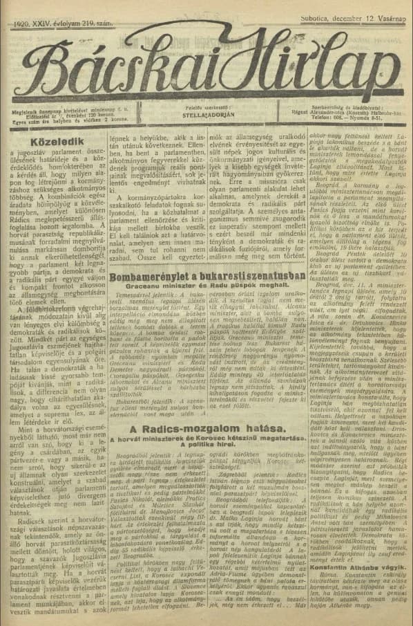 Bácskai Hirlap, 24. évf. 1920. december 12. 219. sz.