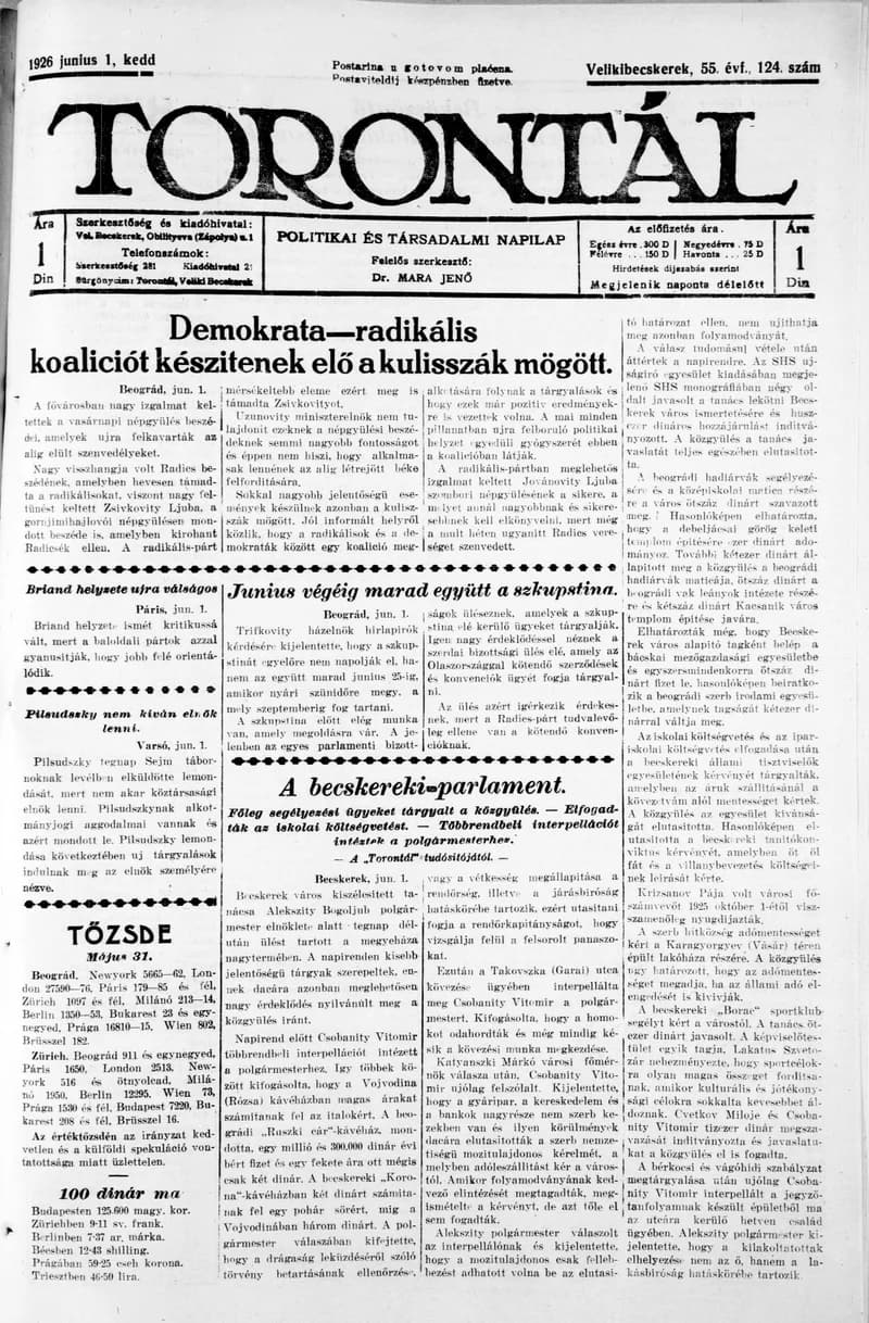 Torontál, 55. évf. 1926. június 1. 124. sz.