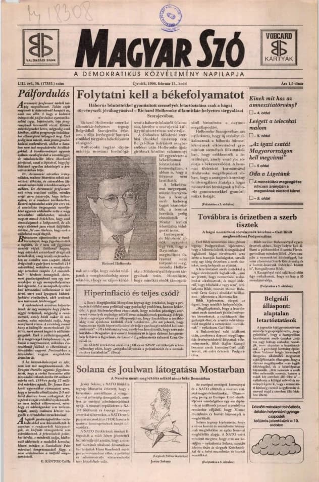 Magyar Szó, 53. évf. 1996. február 13. 36. sz. 1–16. oldal