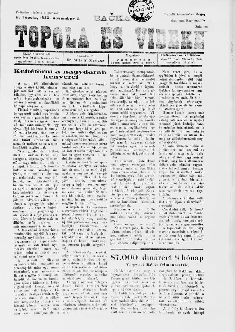Bačka Topola és Vidéke, 10. évf. 1933. november 5. 45. sz.