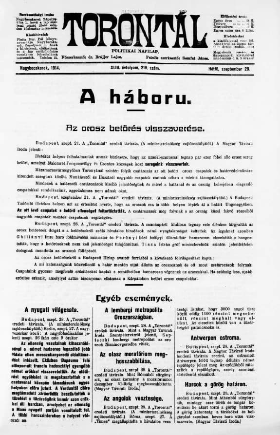 Torontál, 43. évf. 1914. szeptember 28. 219. sz.