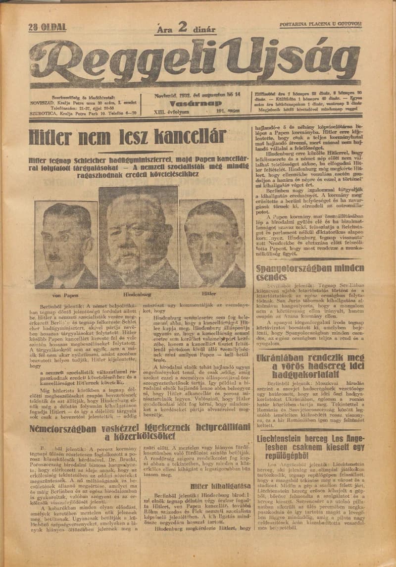 Reggeli Újság, 13. évf. 1932. augusztus 14. 191. sz.