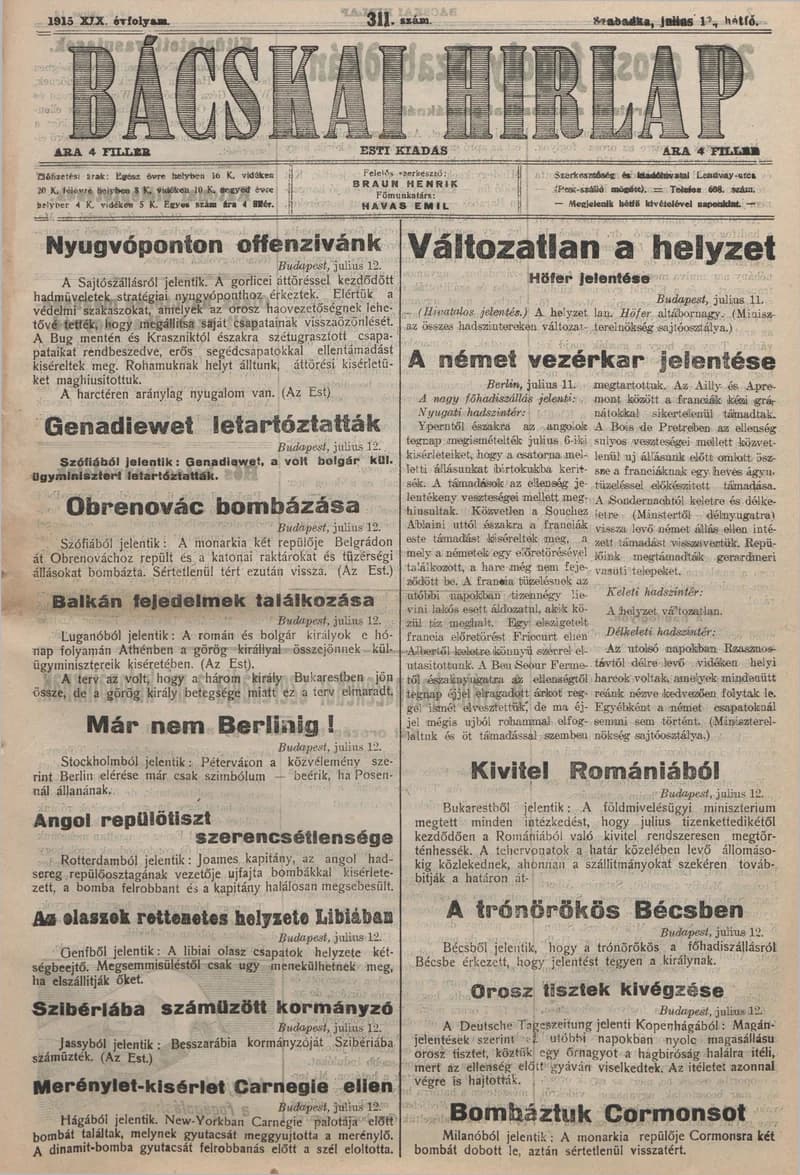Bácskai Hirlap, 19. évf. 1915. július 12. 311. sz.