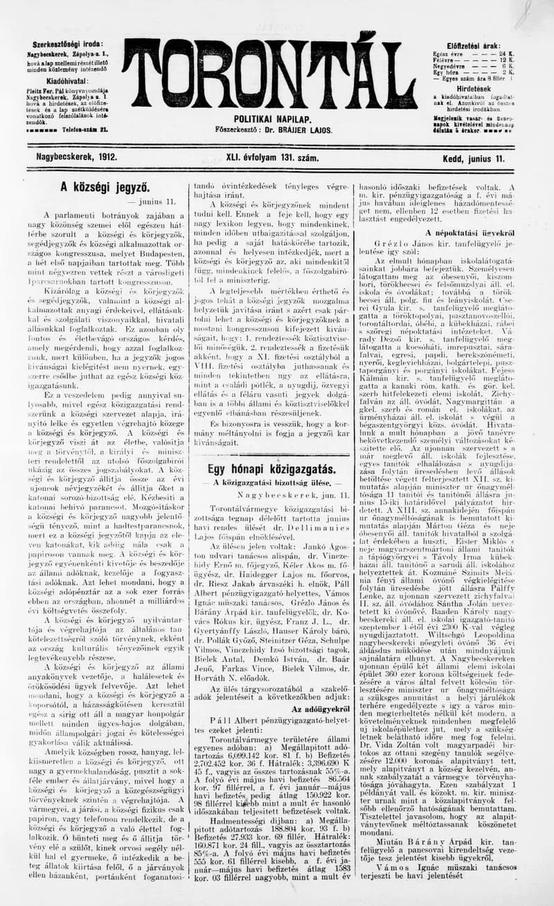 Torontál, 41. évf. 1912. június 11. 131. sz.