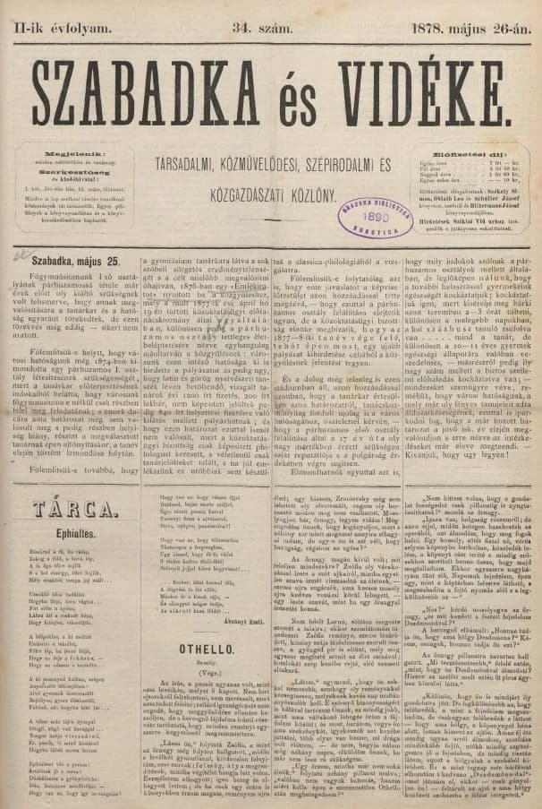 Szabadka és vidéke, 2. évf. 1878. május 26. 34. sz.