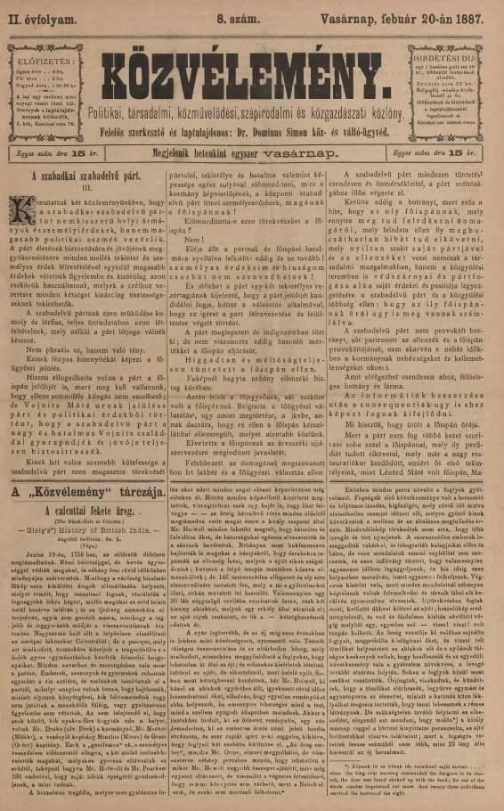 Közvélemény, 2. évf. 1887. február 20. 8. sz.
