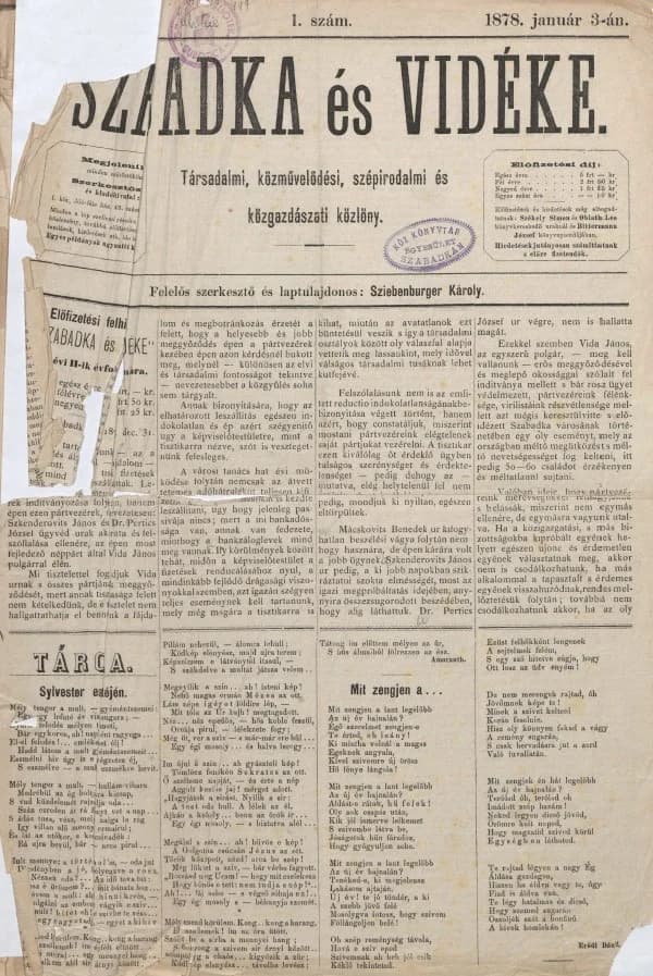 Szabadka és vidéke, 2. évf. 1878. január 3. 1. sz.