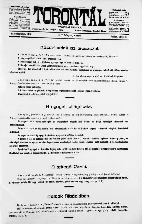 Torontál, 44. évf. 1915. január 8. 5. sz.