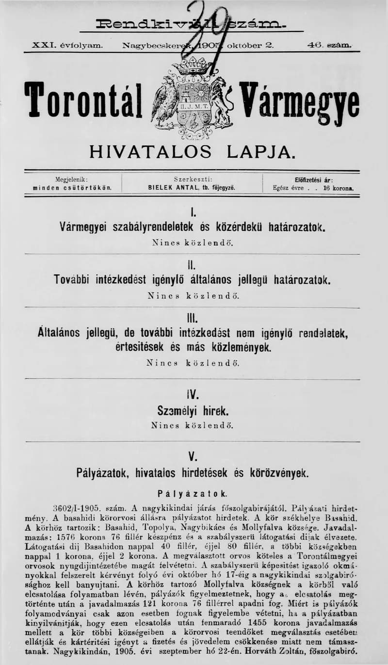 Torontál Vármegye Hivatalos Lapja, 21. évf. 1905. október 2. 46. sz.