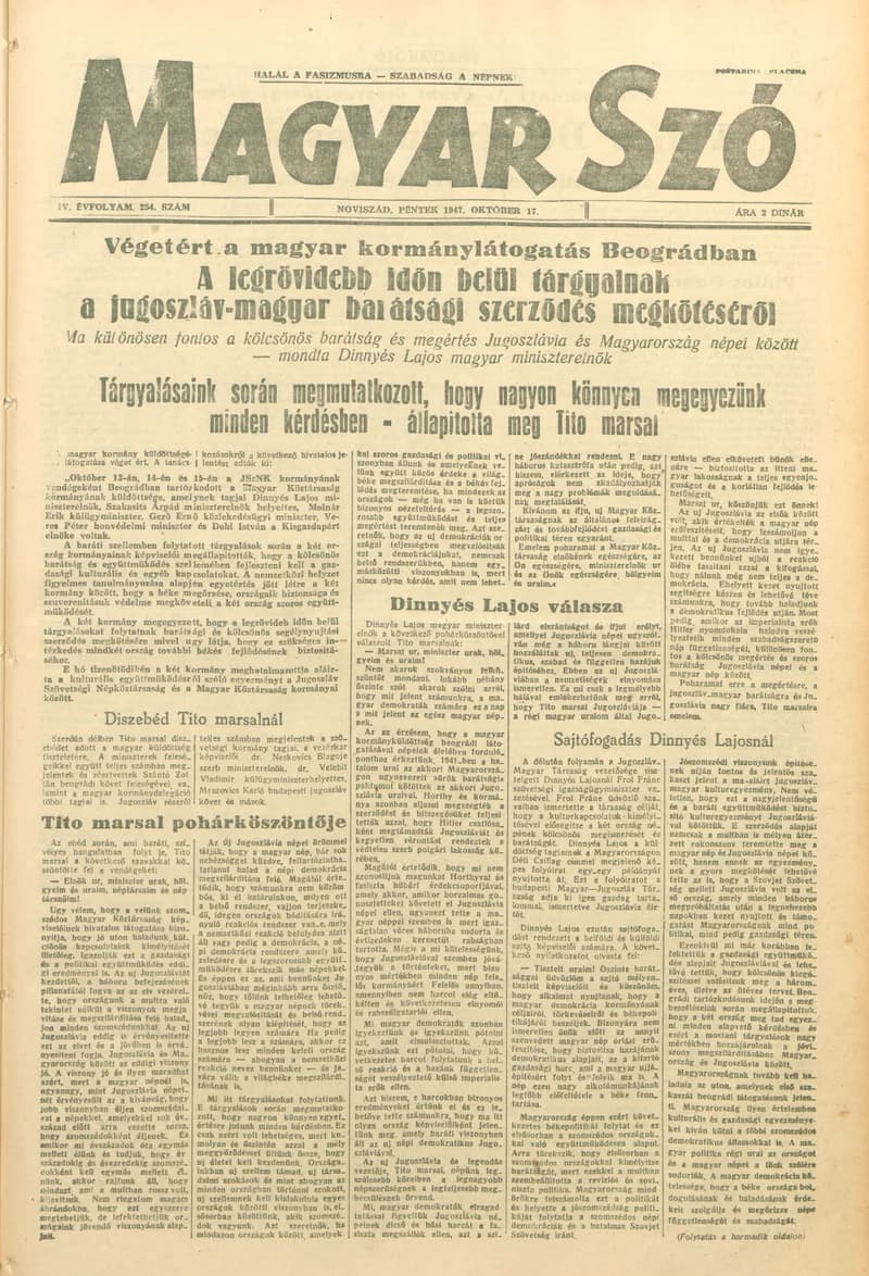 Magyar Szó, 4. évf. 1947. október 17. 254. sz. 1–6. oldal