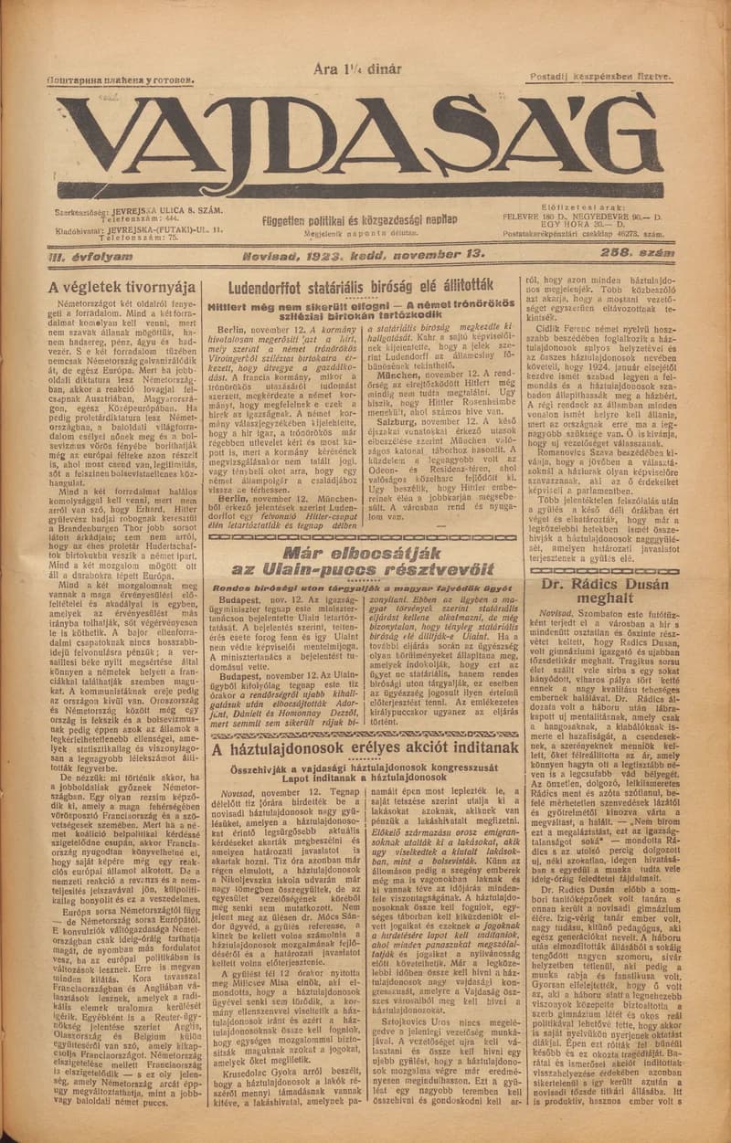 Vajdaság, 3. évf. 1923. november 13. 258. sz.