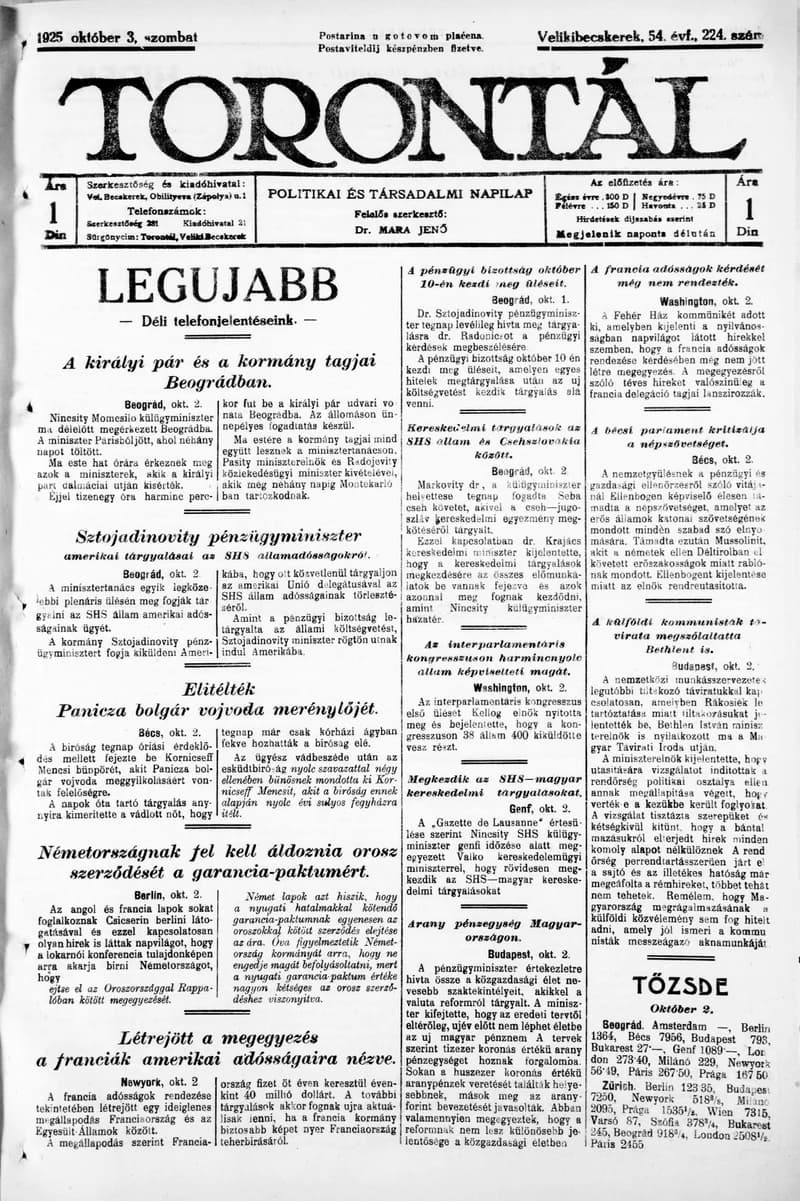 Torontál, 54. évf. 1925. október 3. 224. sz.