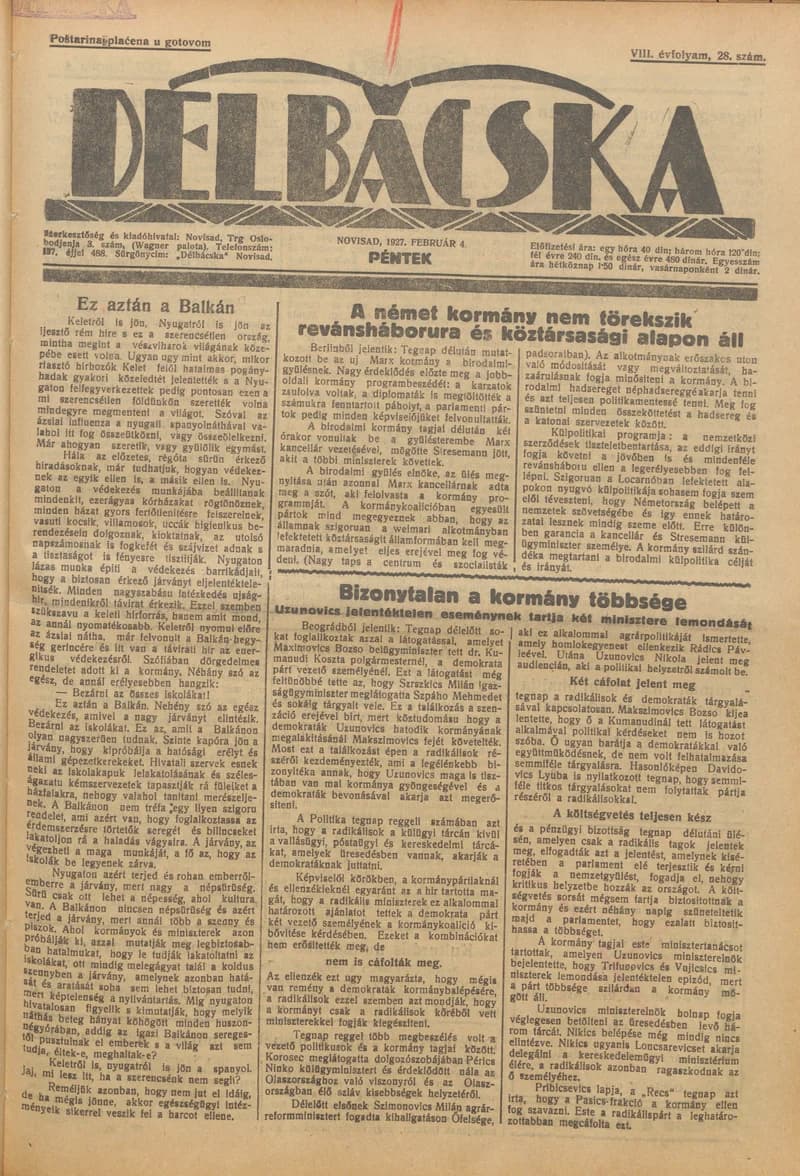 Délbácska, 8. évf. 1927. február 4. 28. sz.