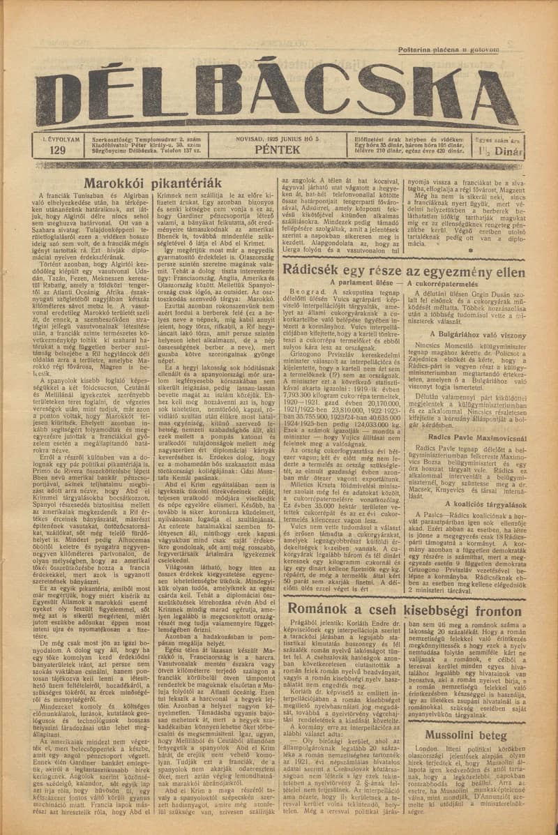 Délbácska, 6. évf. 1925. június 5. 129. sz.