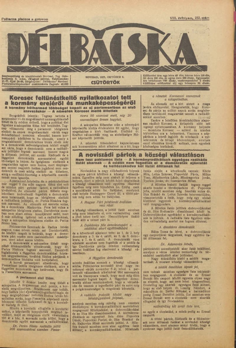 Délbácska, 8. évf. 1927. október 6. 232. sz.