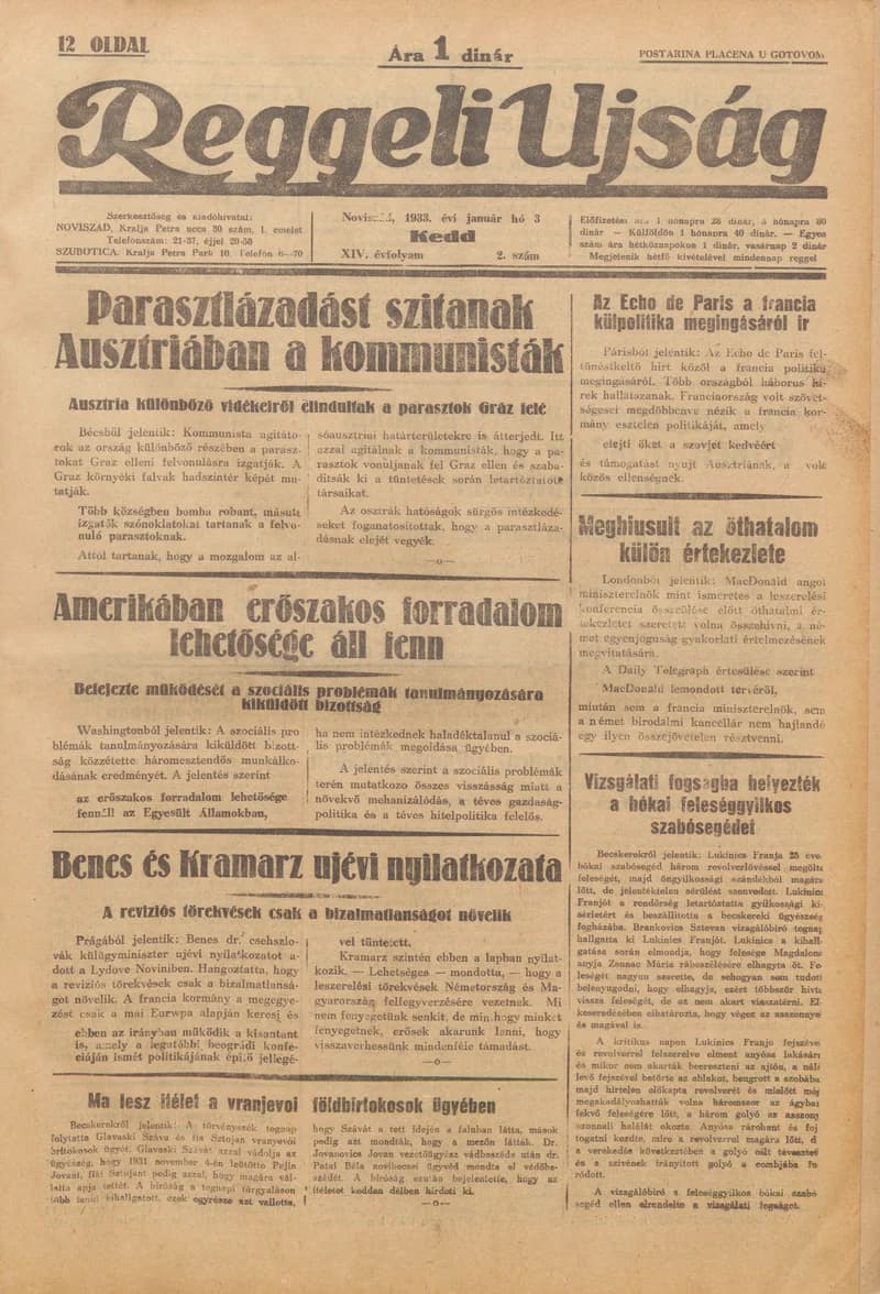 Reggeli Újság, 14. évf. 1933. január 3. 2. sz.