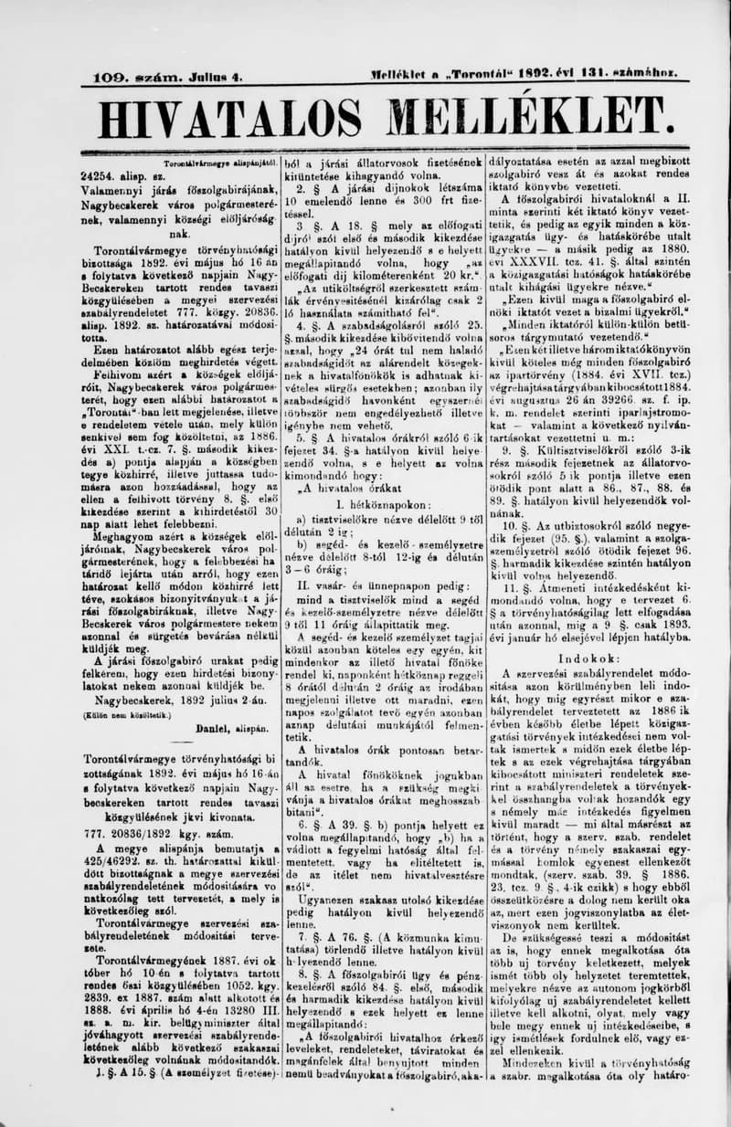 A Totontál  hivatalos melléklete, 5. évf. 1892. július 4. 109. sz.