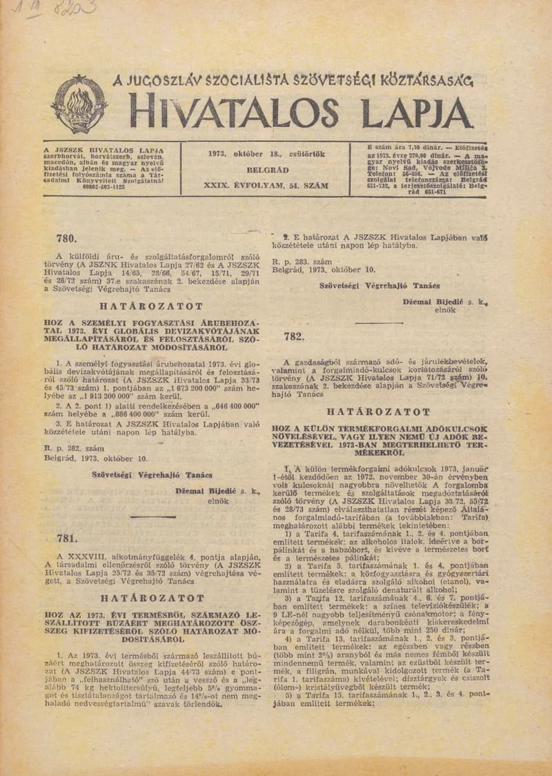 A Jugoszláv Szocialista Szövetségi Köztársaság Hivatalos Lapja, 29. évf. 1973. október 18. 54. sz. 1645–1664. oldal