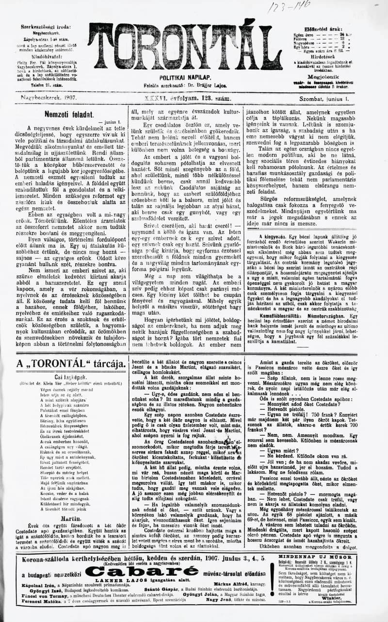 Torontál, 36. évf. 1907. június 1. 123. sz.