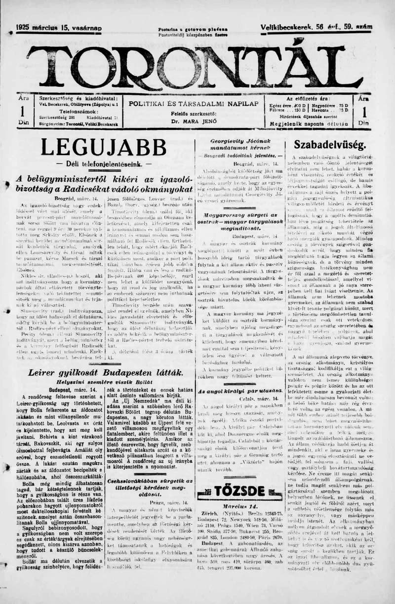Torontál, 54. évf. 1925. március 15. 59. sz.