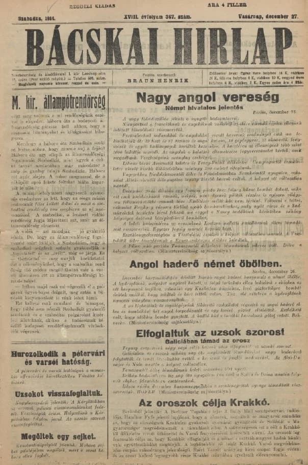 Bácskai Hirlap, 18. évf. 1914. december 27. 367. sz.