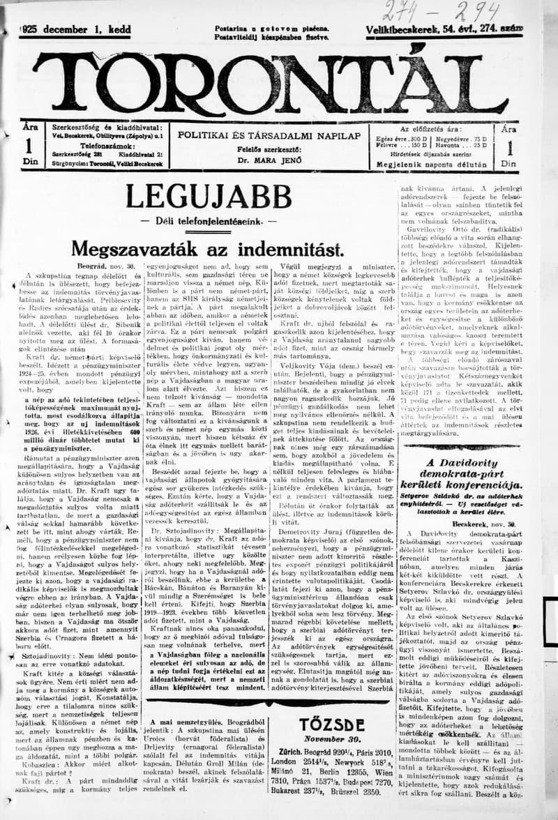 Torontál, 54. évf. 1925. december 1. 274. sz.