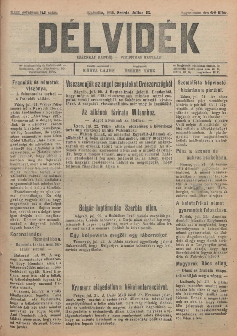 Délvidék, 13. évf. 1919. július 23. 142. sz.
