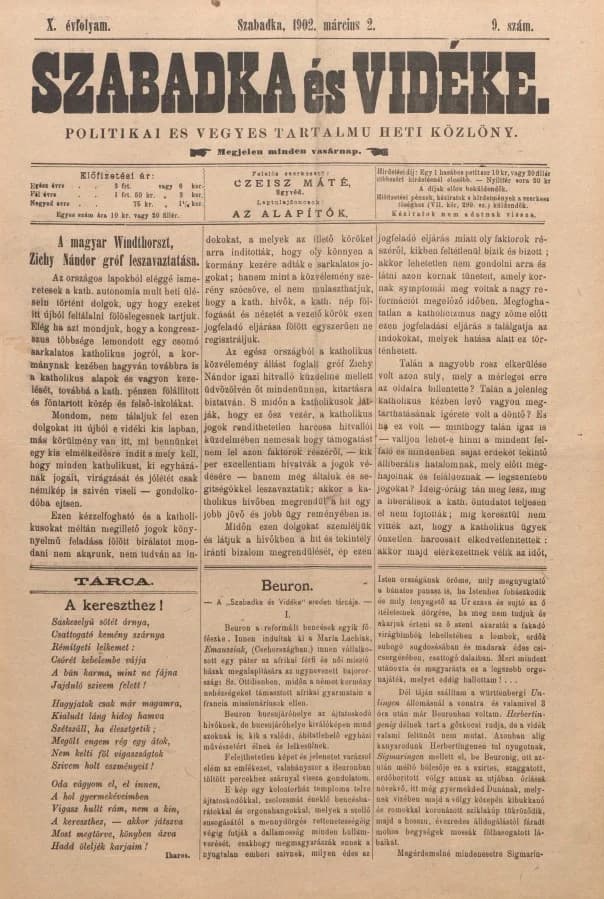 Szabadka és vidéke II, 10. évf. 1902. március 2. 9. sz.