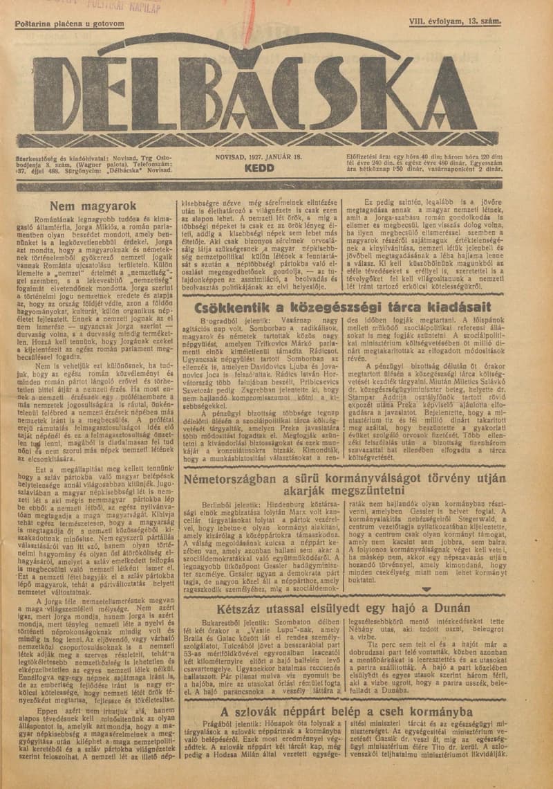 Délbácska, 8. évf. 1927. január 18. 13. sz.