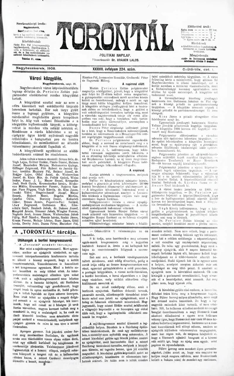 Torontál, 37. évf. 1908. október 1. 224. sz.