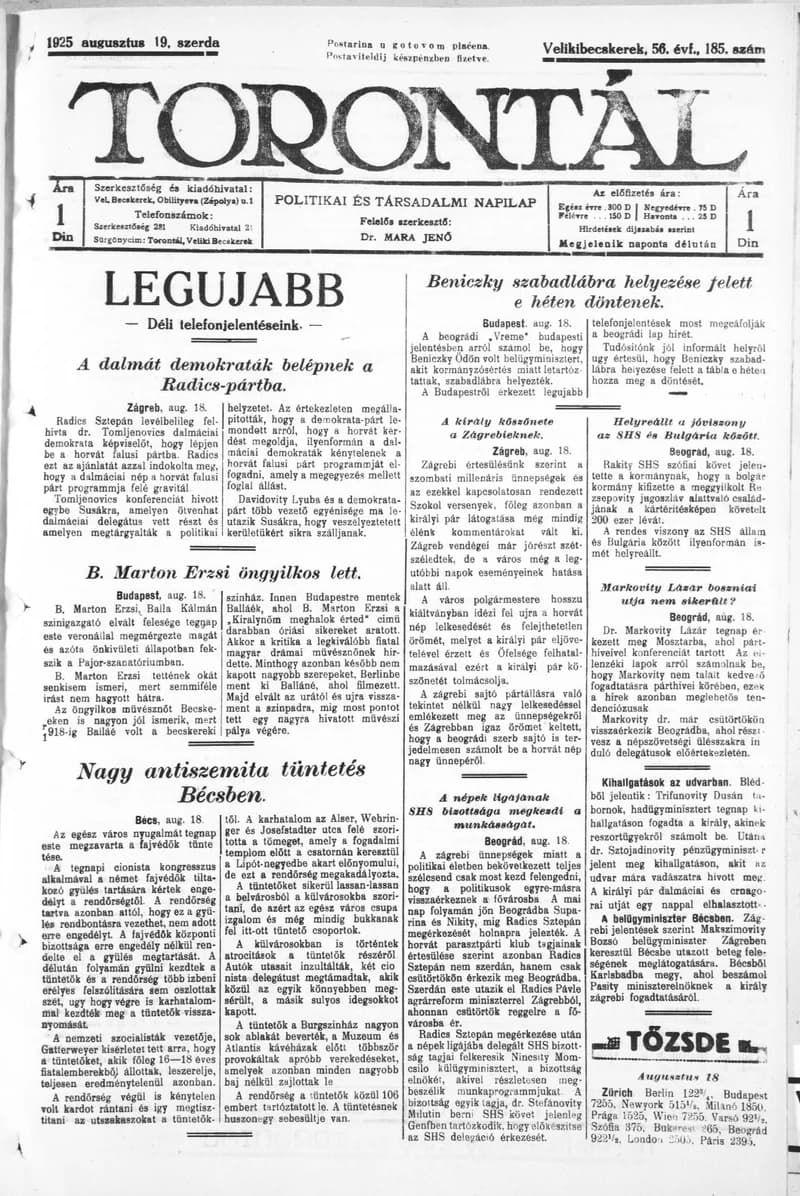 Torontál, 54. évf. 1925. augusztus 19. 185. sz.
