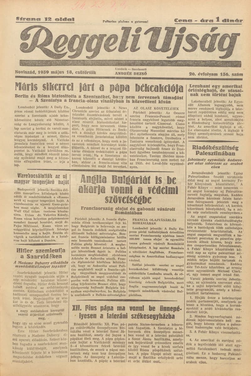 Reggeli Újság, 20. évf. 1939. május 18. 136. sz.