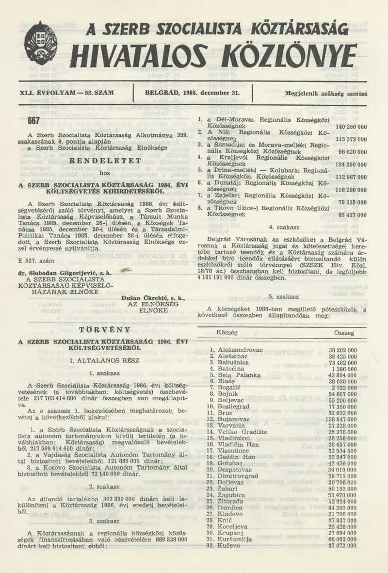 A Szerb Szocialista Köztársaság Hivatalos Közlönye, 41. évf. 1985. december 31. 52. sz.