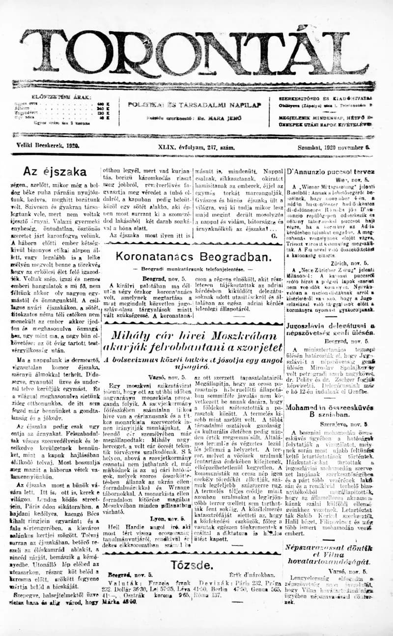Torontál, 49. évf. 1920. november 6. 247. sz.