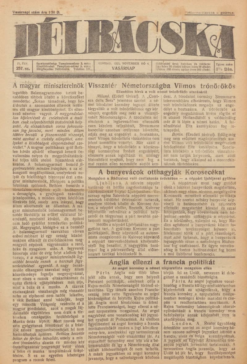 Délbácska, 4. évf. 1923. november 6. 255. sz.