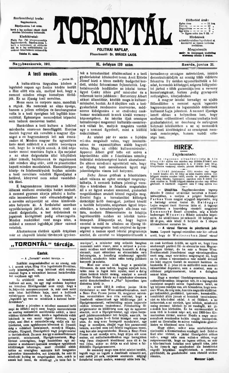 Torontál, 40. évf. 1911. június 21. 139. sz.