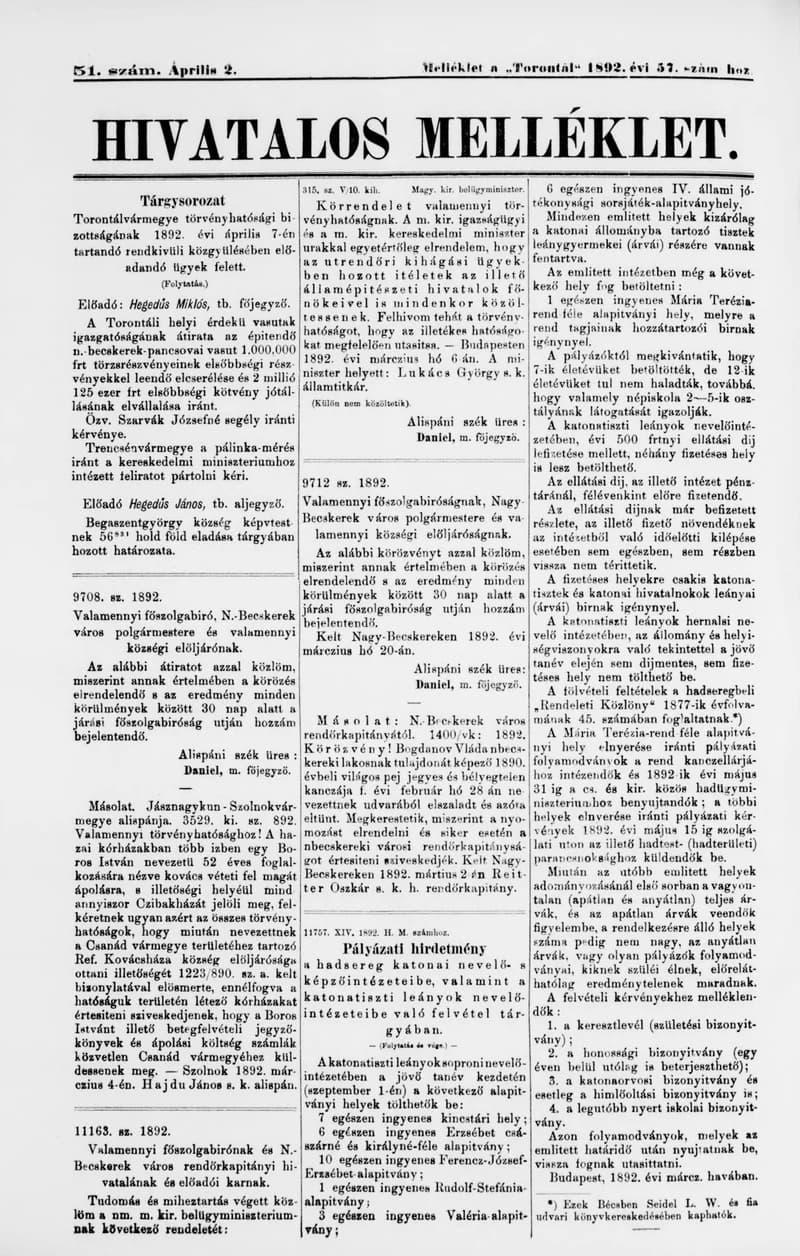 A Totontál  hivatalos melléklete, 5. évf. 1892. április 2. 51. sz.