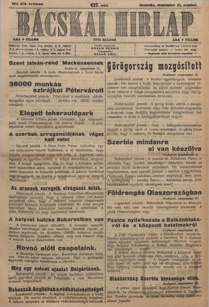 Bácskai Hirlap, 19. évf. 1915. szeptember 25. 437. sz.
