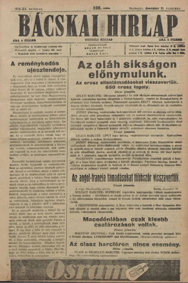 Bácskai Hirlap, 20. évf. 1916. december 31. 598. sz.