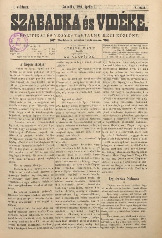 Szabadka és vidéke II, 1. évf. 1893. április 9. 8. sz.