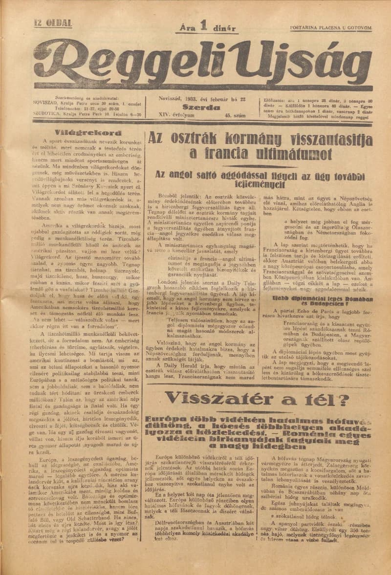 Reggeli Újság, 14. évf. 1933. február 22. 45. sz.