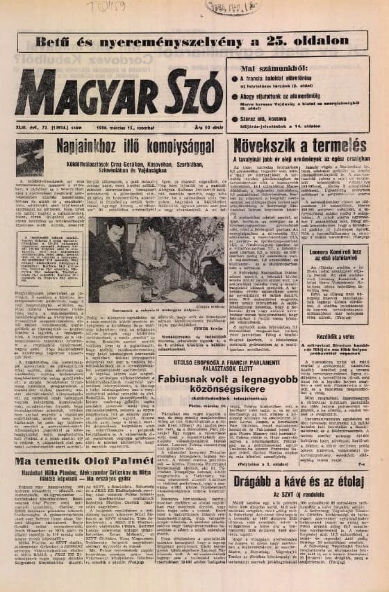 Magyar Szó, 43. évf. 1986. március 15. 72. sz. 1–28. oldal