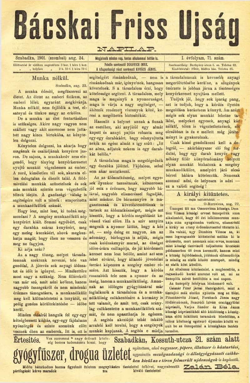 Bácskai Friss Ujság, 1. évf. 1901. augusztus 24. 71. sz.
