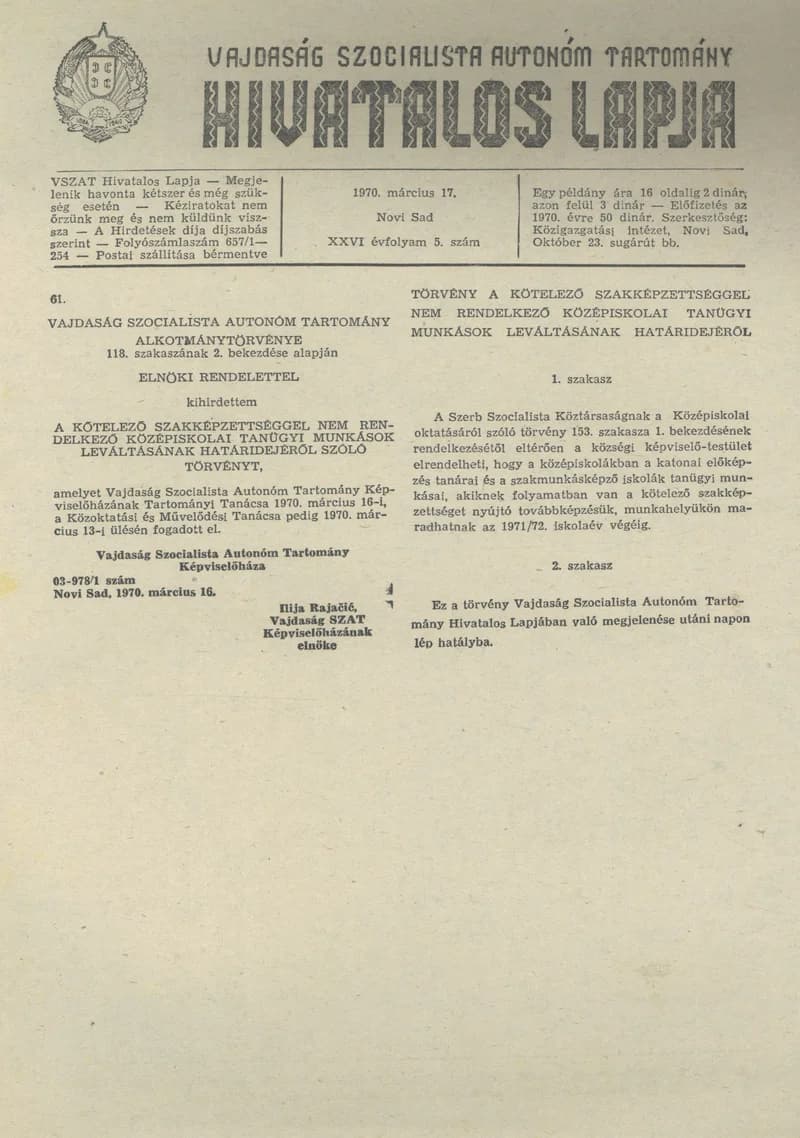 Vajdaság Szocialista Autonóm Tartomány Hivatalos Lapja, 26. évf. 1970. március 17. 5. sz. 65–66. oldal