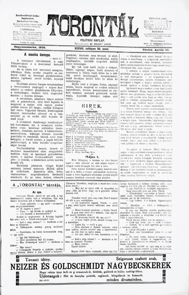 Torontál, 38. évf. 1909. április 30. 98. sz.