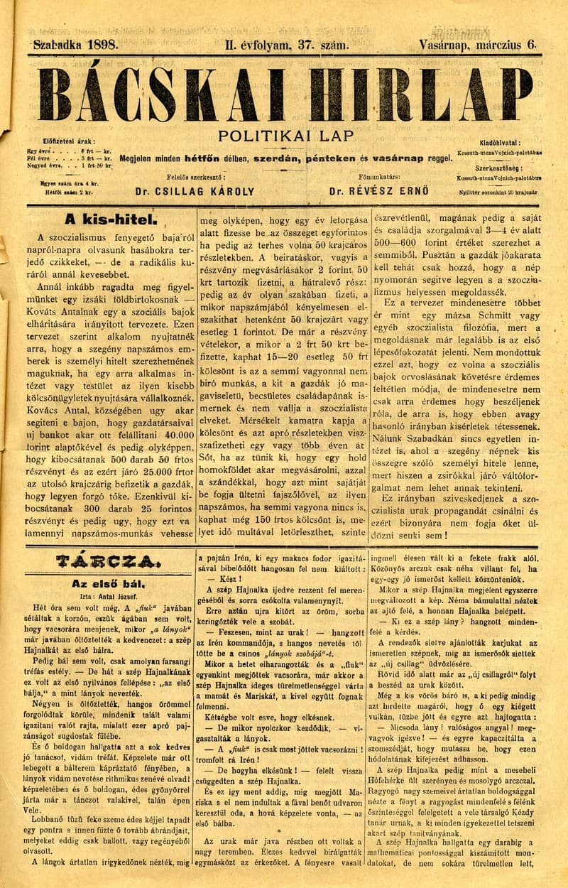 Bácskai Hirlap, 2. évf. 1898. március 6. 37. sz. 1–4. oldal