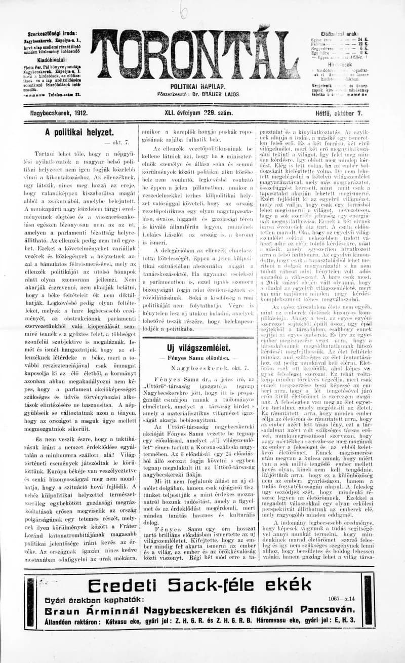 Torontál, 41. évf. 1912. október 7. 229. sz.
