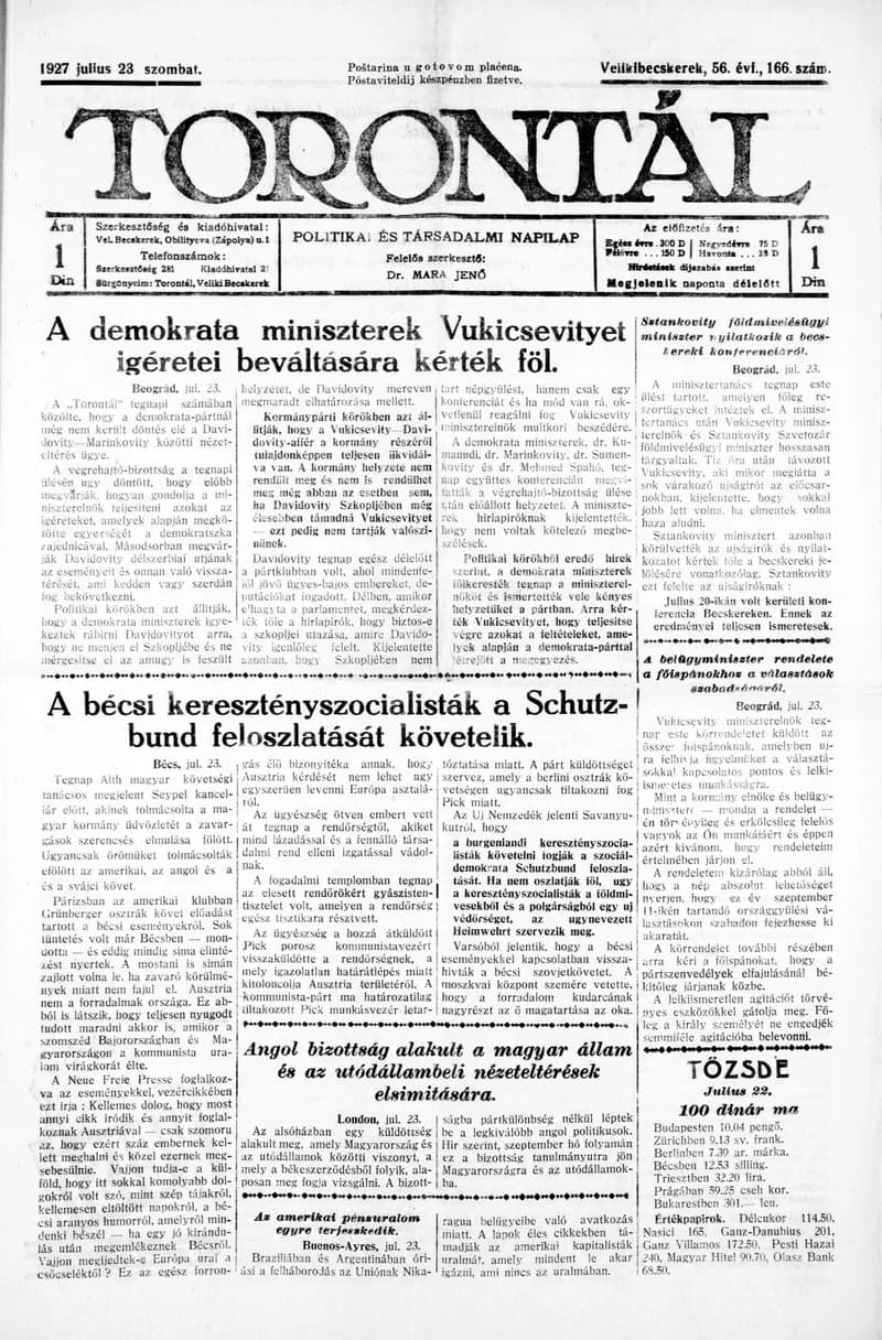 Torontál, 56. évf. 1927. július 23. 166. sz.