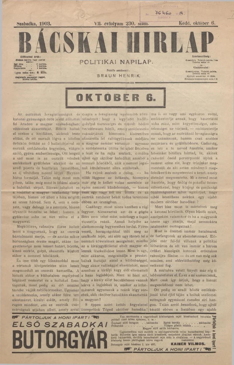 Bácskai Hirlap, 7. évf. 1903. október 6. 230. sz.
