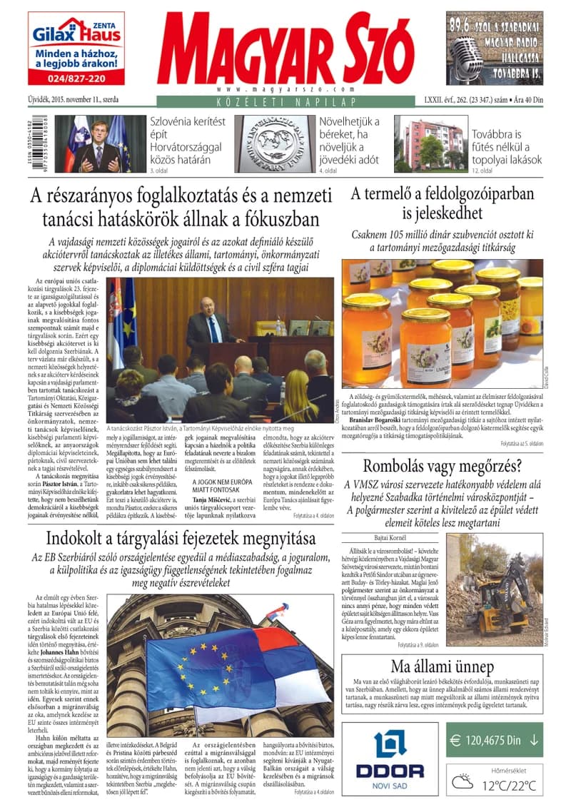 Magyar Szó, 72. évf. 2015. november 11. 262. sz. 1–16. oldal